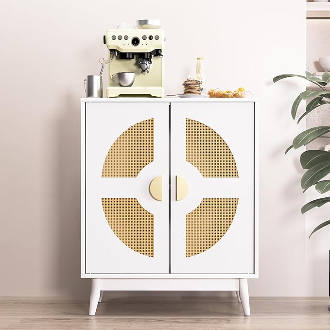 Buffet Cabinet White with Storage, Kitchen Sideboard with Doors & Shelves, Rattan Accent Buffet Console Walnut Media Console Mid Century Coffee Bar Table for Living Room Kitchen Dining Room