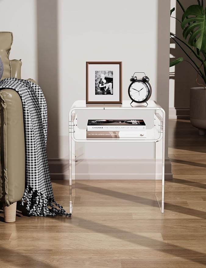 Clear Acrylic End Table 2-Tier Bedside nightstand for Living Room Bedroom Home Decor (Clear)