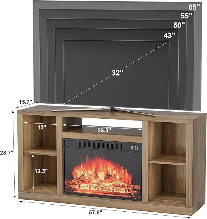 YESHOMY Electric Fireplace TV Stand for Televisions up to 65+ Inch, Media Entertainment Center Console Table with Four Open Storage Shelves & Cabinets, 58 Inch, Barnwood