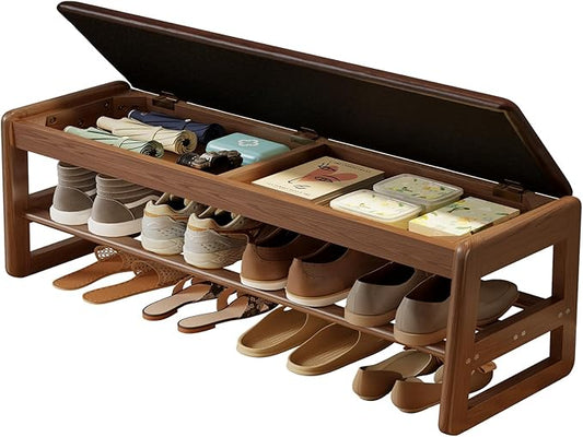 Shoe Rack Bench with Cushion, 2 Tiers Shoe Bench with Flip-Top Storage,Wood Shoe Rack for Entryway,Hallway（Walnut,39.3"）