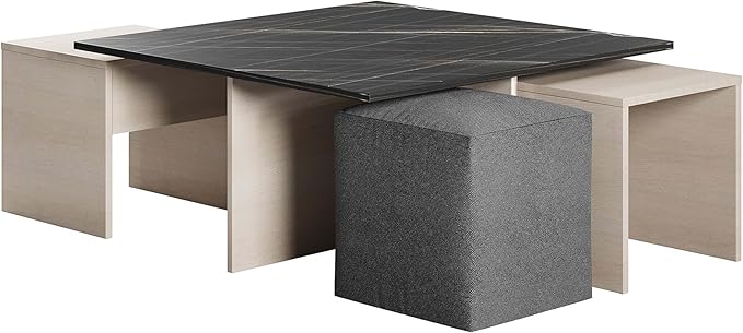 Manhattan Comfort Haley Mid Century Modern Coffee Table & Ottoman Set with Nested Design for Small Spaces, Versatile Living Room Furniture, Accent Decor, White and Black Marble