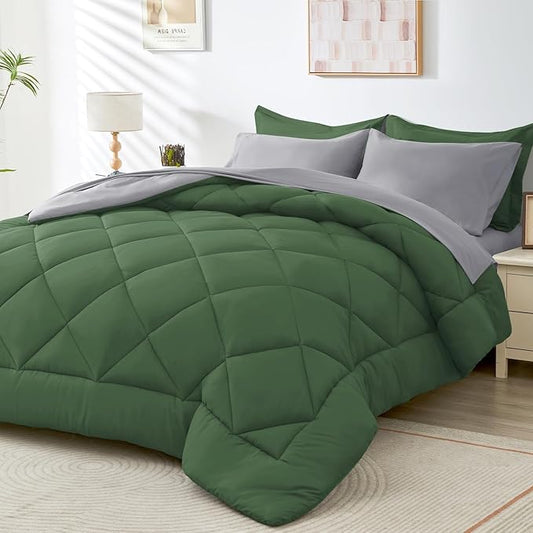 HEVUMYI Twin-XL Comforter Set - 5-Piece All Season Bed in a Bag Twin-XL, Ultra Soft Bedding Set with Comforter, Flat Sheet, Fitted Sheet, Pillowcases, Pillow Shams, Green & Light Grey
