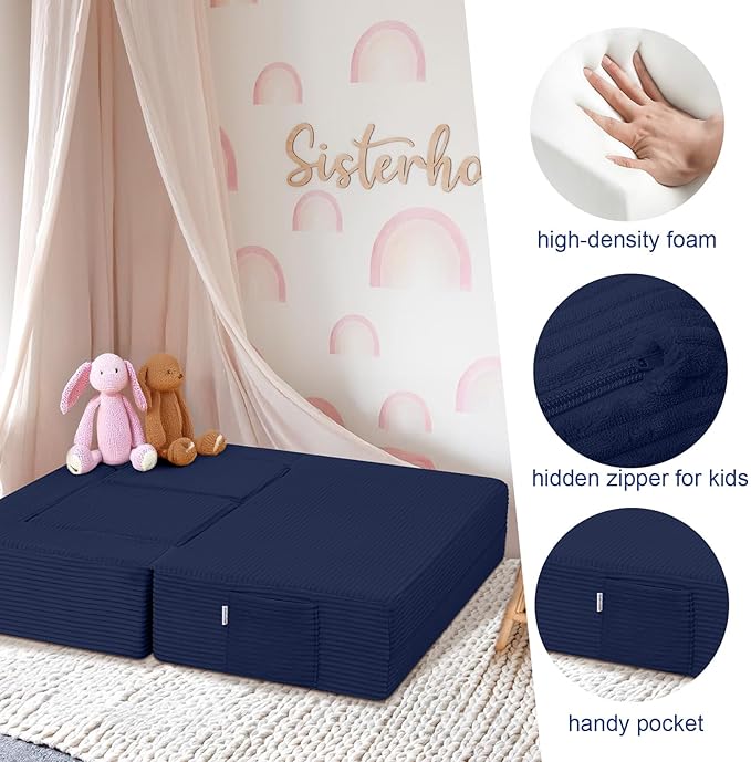 MeMoreCool Modular Kids Couch, Corduroy Play Toddler Couch for Bedroom Playroom Furniture, Convertible Foam Kids Sofa Bed, Fold Out Baby Sofa for Girl Boy, Navy