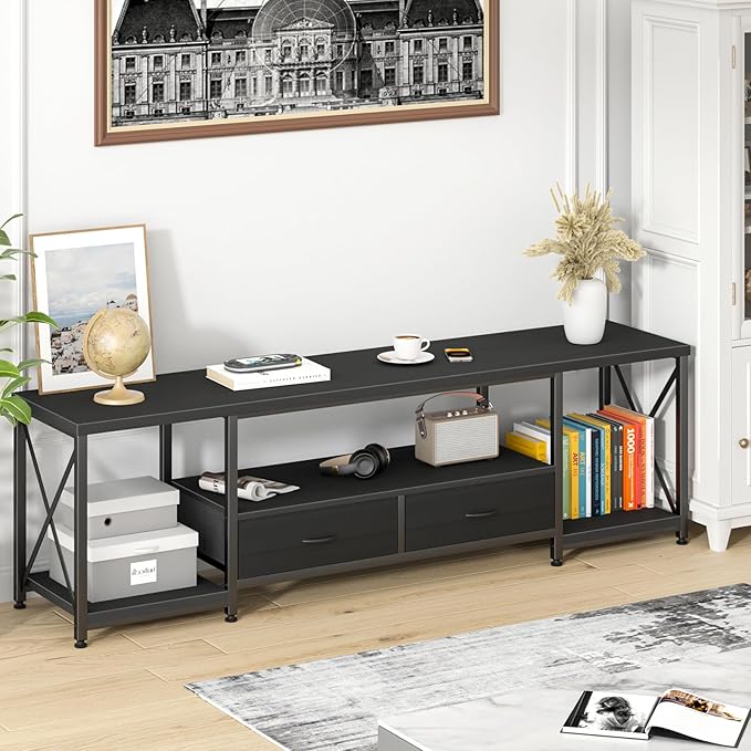 TV Stand with Fabric Drawers for 65 70 75 Inches TV - Entertainment Center and Industrial TV Console Table with Open Storage Shelves for Living Room, Bedroom - 63.5" Black