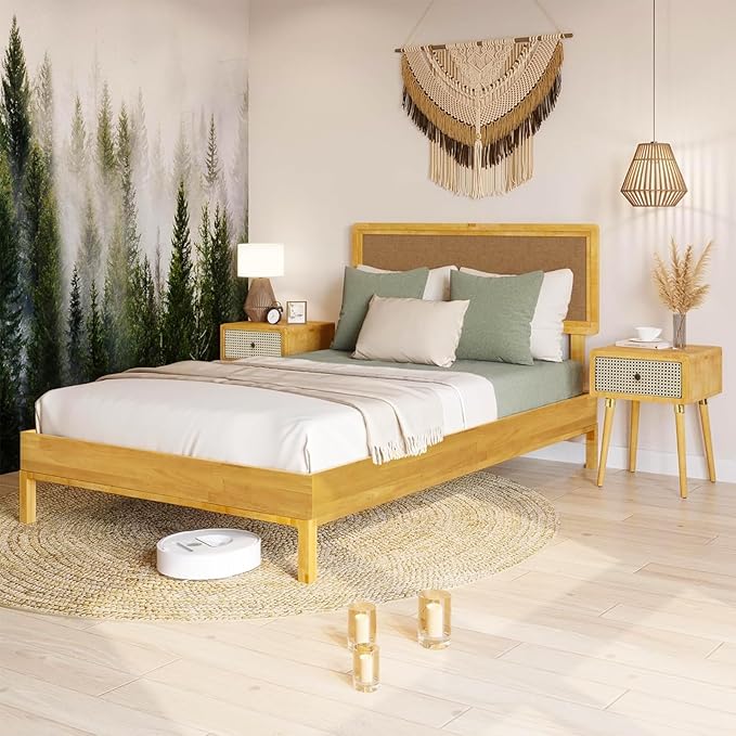 Bme Nipe Queen 14 Inch Bohemian Bed Frame with Adjustable Woven Headboard - Rustic & Vintage Unique Style with Acacia Wood - No Box Spring Needed - Easy Assembly - Natural