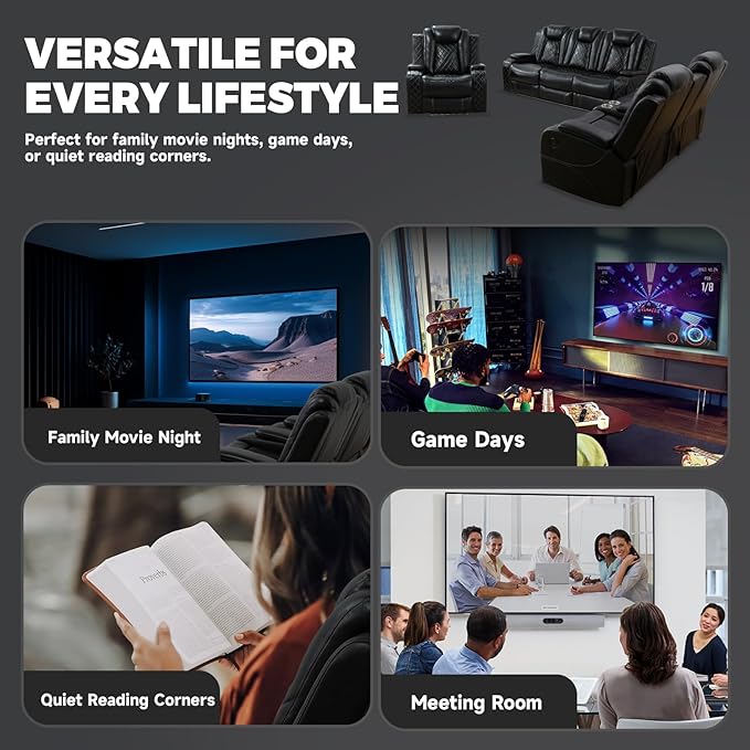 PU Leather Power Wall Hugger Chair Double Reclining Sectional Sofa 3-Seater Loveseat Couch with Reversible Coffee Table, Wireless Chargers, USB Port and Ambient LED Light for Living Room RV Theater