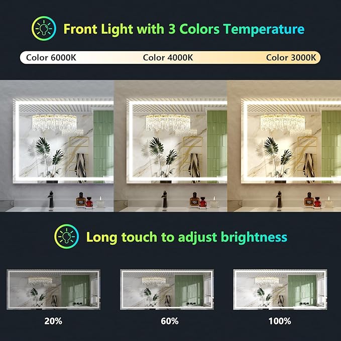 68x38 Inch RGB LED Bathroom Mirror Front Light and RGB Backlit Lighted Vanity Mirror for Bathroom Wall Mounted Dimmable Anti Fog Memory Shatter-Proof IP54 Waterproof Horizontal/Vertical