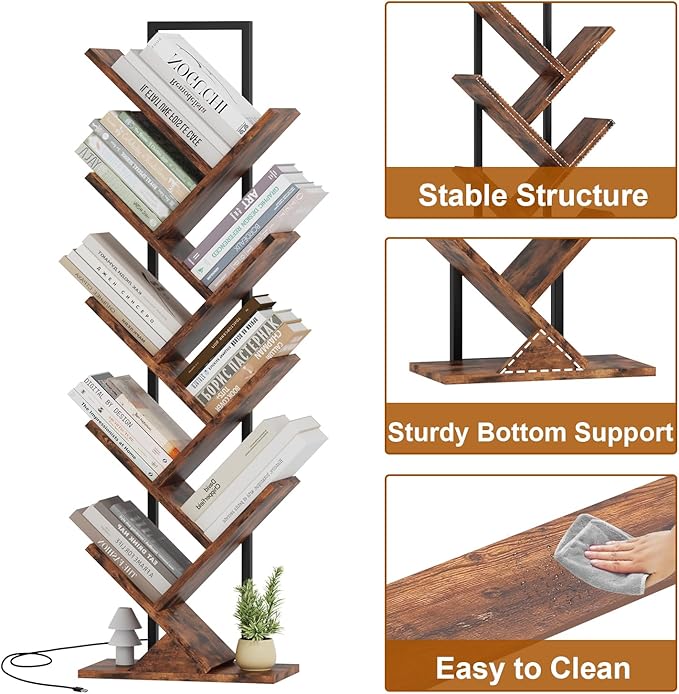 Tree Book Shelf with LED Lights, 9 Tier Floor Standing Bookcase, Classical Corner Shelf Kids Bookshelf, Tall Wood Book Storage for Bedroom, Living Room, Home Office, Brown