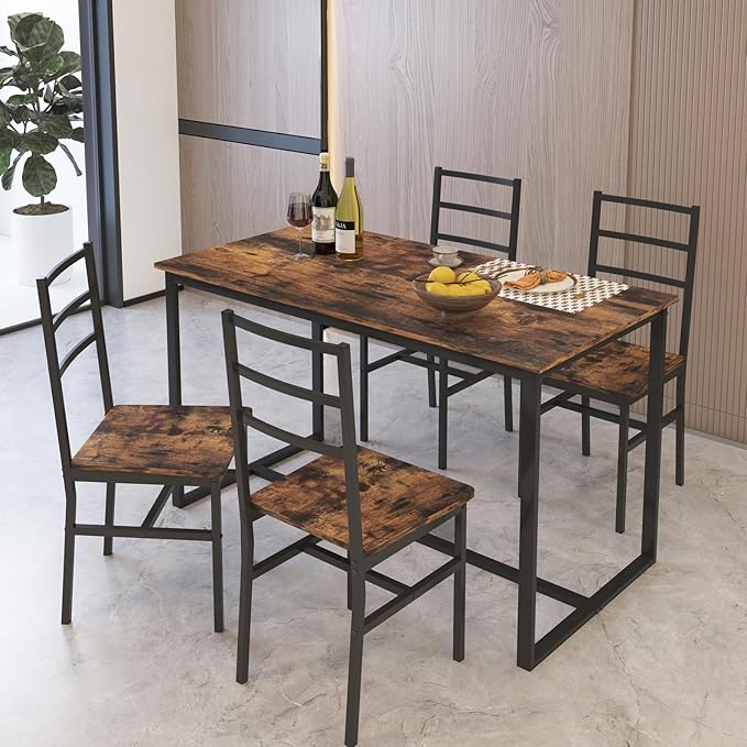 5-Piece Dining Table Set with 4 Chairs, 47.2" Kitchen Table Chairs Set of 4, Rectangular Industrial Style Dining Room Table Set with Backrest, Perfect for Small Space, Brown