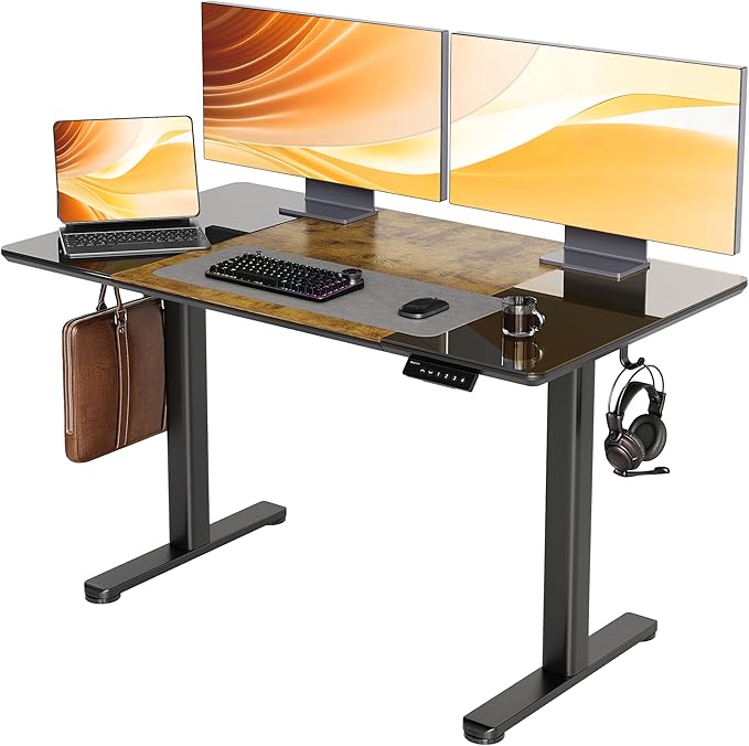 INNOVAR Glass Standing Desk, 48 x 24 Inches Height-Adjustable Desk, Tempered Glass and Wooden Top, Quick Install Home Office Stand Up Desk with 4 Presets, Black Glass and Brown Wood