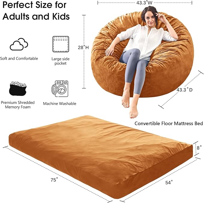 Bean Bag Chairs for Adults - Giant Bean Bag Chair Convertible Bean Bag Bed - Beanbag Chair with Micro Fiber Cover/Furniture Foam Filler - Floor Couch Sofa in Bedroom Dorm Room - Full Golden Brown