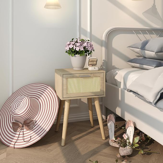 LAATOOREE Bedside Table Set of 2, Boho End Table with Solid Wood Feet for Bedroom and Living Room