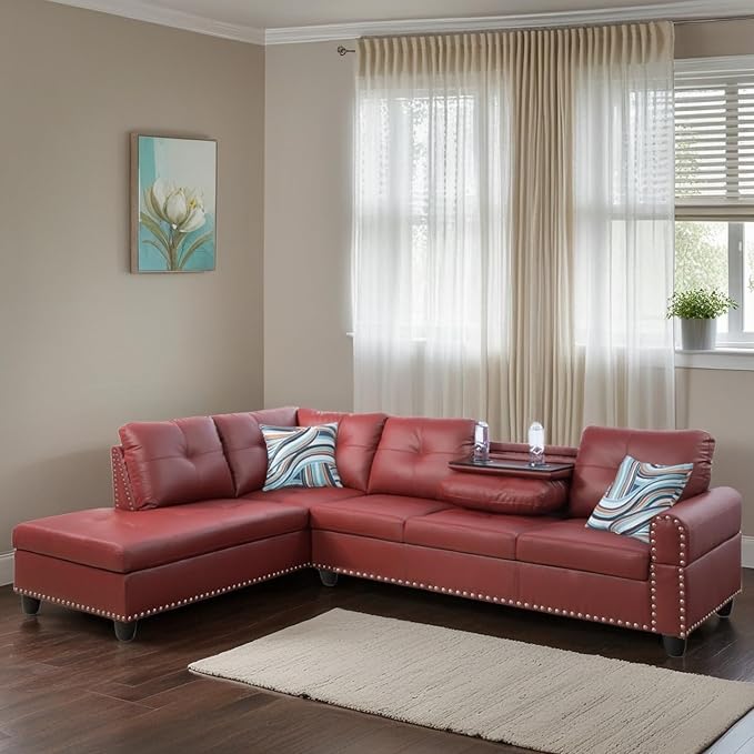 L-Shaped Sectional Sofa, Modern Sectional Couches Home Sofas for Living Room with Movable Chaise, Modular Living Room Sets Furniture for Apartment Bedroom & Office, Red