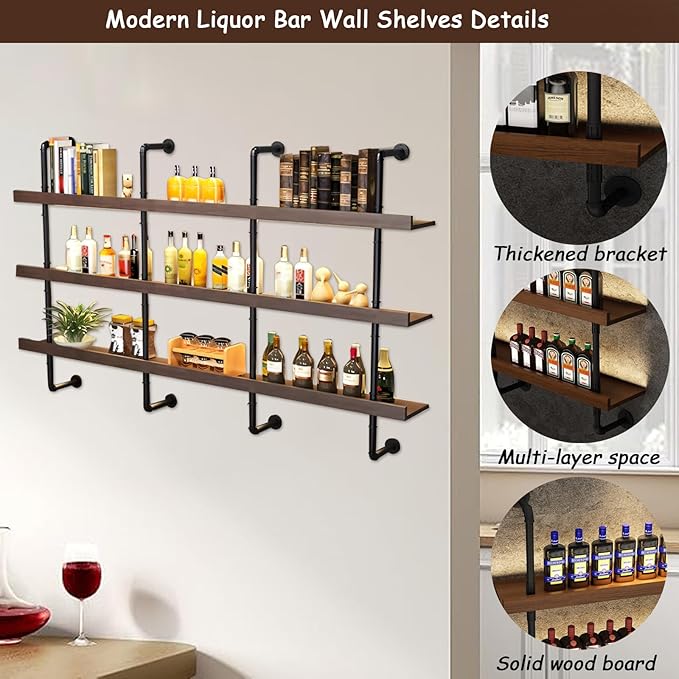 39.7in Large Wine Rack with LED Light Solid Wood Wall Mounted Wine Rack, 3-Tiers Liquor Bottles Floating Shelves Display Storage Organizer for Home Bar & Dining Room (100cm/39.7in)