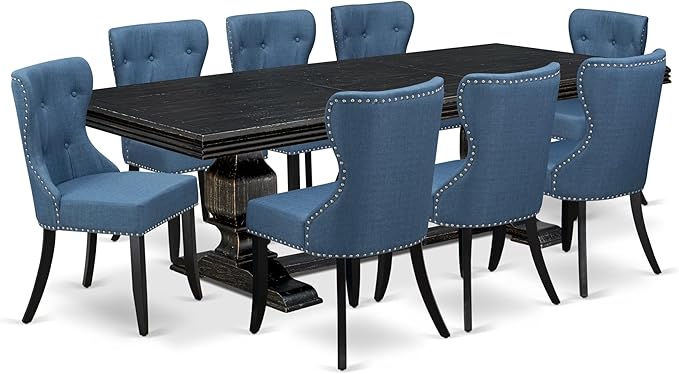 NKSI9-SBB-21-9-Piece Kitchen Table Set Consists of a Dinner Table and 8 Blue Linen Fabric Upholstered Chairs with Button Tufted Back - Sand Blasting Black Finish