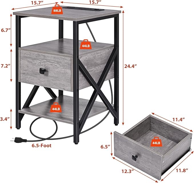 Side Tables with Wireless Charging Station, Grey End Tables Living Room with Charging, Side Tables with Wood Drawer, Night Stands with Storage for Bedroom, Bedside Tables, Living Room