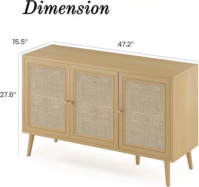 Rattan Entryway Table, Entertainment Center with Adjustable Shelf, Sideboard Buffet Cabinet with 3 Rattan Doors, Modern Console Cabinet with Large Storage for Living Room, Kitchen, Brown