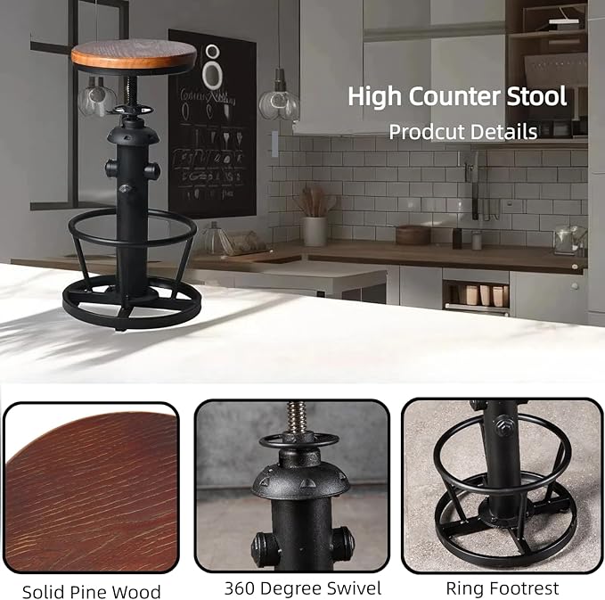 Industrial Bar Stools Kitchen Island Dining Chairs Swivel Wooden Seat Bar Counter Height Adjustable 25-31inch