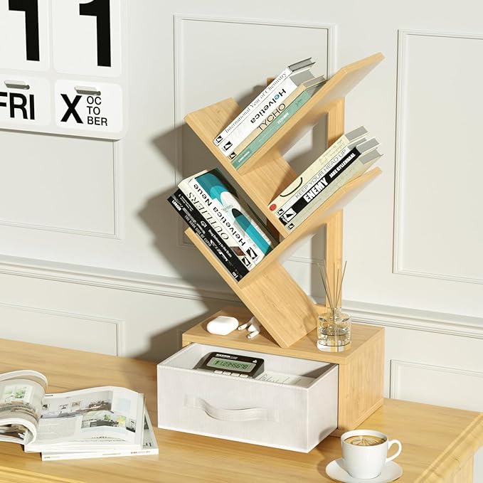 Small Book Shelf with Drawer,4 Tier Black Tree Bookshelf,Wooden Desktop Bookcase,Modern Desk Display Storage Bookshelves,Floor Standing Organizer Bookcases for Living Room,Bedroom,Office