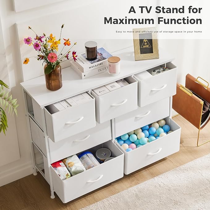 DUMOS TV Stand Dresser for Living Room Bedroom with 7 Fabric Drawer, Entertainment Center Chest Storage Organizer Units for Clothing, Closet, Cabinet, Living Room Furniture, White
