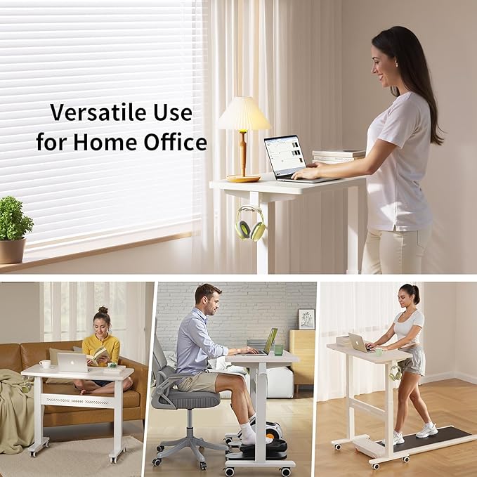 Mobile Walking Pad Desk with Wheels, Pneumatic Small Rolling Standing Desk Riser Height Adjustable (28-43.7") for Treadmill, Portable Computer Table for Home Office, White