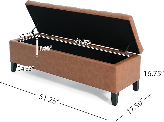Christopher Knight Home Ottilie PU Leather Storage Ottoman Bench, Wooden Rectangular Ottoman with Storage, Bedroom End of Bed Foot Stool, Entryway Ottoman Footrest, Living Room Extra Seat, Brown