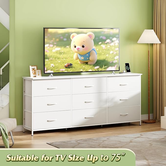 WLIVE 63''W Dresser for Bedroom, White Dresser TV Stand for 65, 70, 75 inch TV, Wide Chest of Drawers with 9 Drawer, Large Entertainment Center, Fabric Dressers with Wood Top for Closet, Living Room