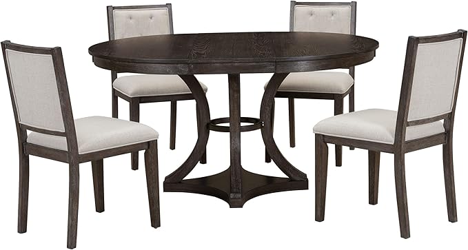 Merax 5-Piece Extendable Round Dining Table Set 42"-58" Retro Functional Table and 4 Upholstered Chairs for Dining Room and Living Room (Espresso)