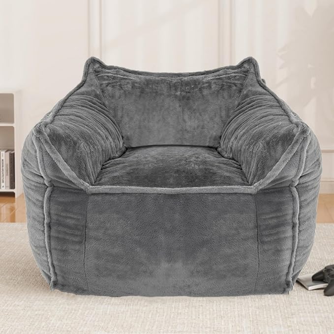 Giant Bean Bag Chair for Adults, Large Bean Bag Chair with Armrest, Living Room Fluffy Beanbag Couch with Filler Included, Comfy Washable Lazy Sofa Chair for Bedroom, Gray