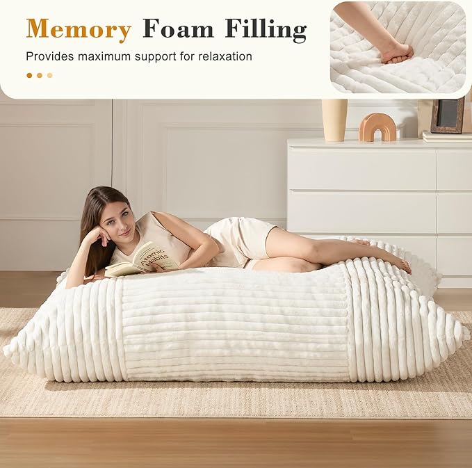3-in-1 Giant Bean Bag Chair for Adults & Kid, Convertible Floor Sofa to Mattress, High-Density Foam Chair Bed with Washable Cover, Multi Functional Lounge Couch for Bedroom, Living Room (Beige)