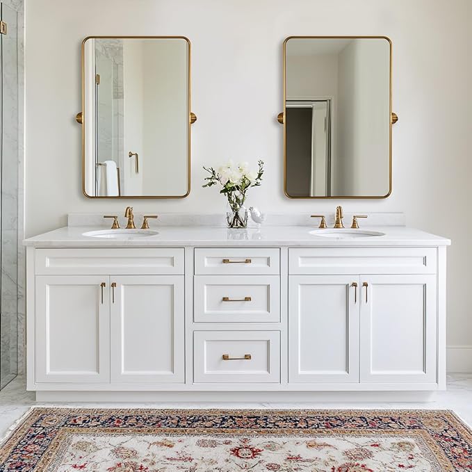 ANDY STAR Gold Pivot Mirror, 20" x 28" Brushed Brass Metal Frame Vanity Mirrors for Over Sink, Farmhouse Rectangle Bathroom Mirror with Adjustable Tilting Design Wall Mounted