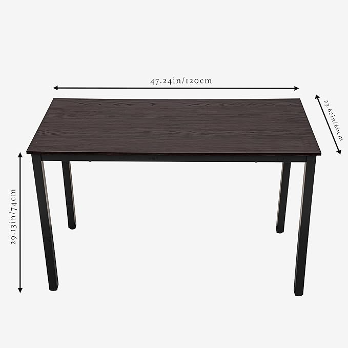 47 inch Large Computer Desk Wood, Modern Simple Style Desk for Home Office, Bedroom, Study Student Writing Desk, Small Spaces, Black Metal Frame, Dark Walnut Top