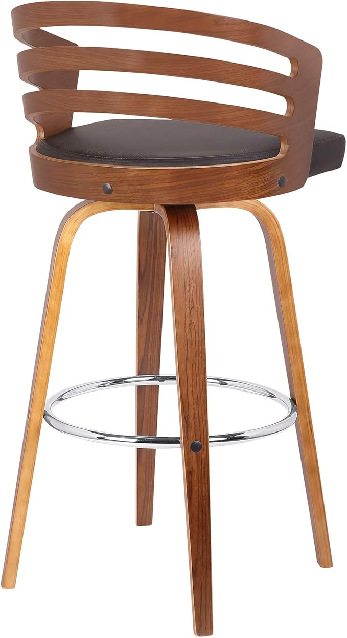 Armen Living Jayden Mid Century Modern Swivel Bar Stool for Kitchen Island Counter in Brown Faux Leather and Walnut Wood, 26" Seat Height