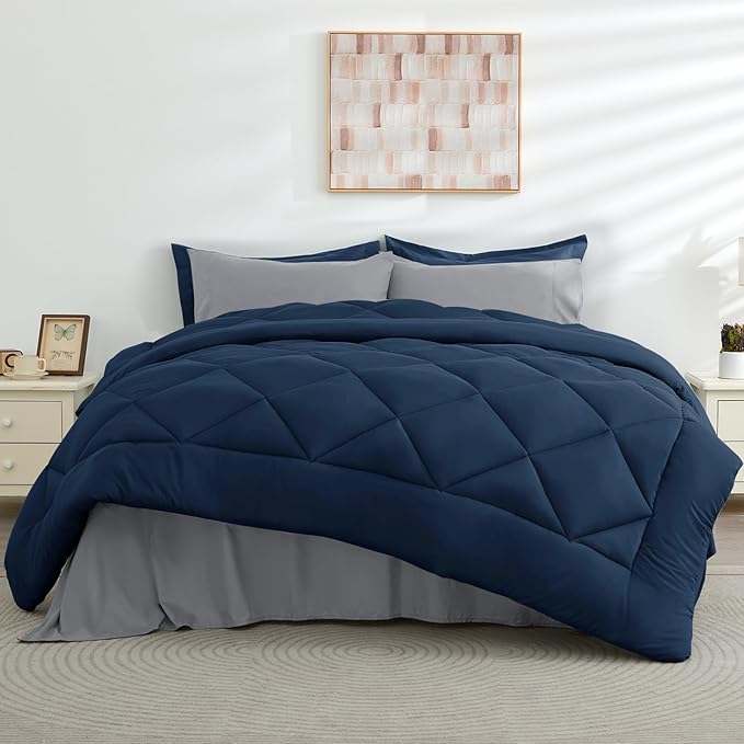 HEVUMYI Full Comforter Set - 7-Piece All Season Bed in a Bag Full, Ultra Soft Bedding Set with Comforter, Flat Sheet, Fitted Sheet, Pillowcases, Pillow Shams, Navy Blue & Light Grey