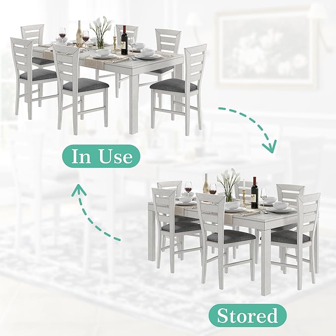 6-Piece Solid Wood Dining Table Set for 6, Modern Breakfast Dinette Extendable Kitchen Table with Chairs for Dining Room, Kitchen, Grey
