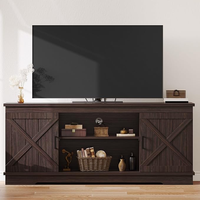 DWVO Farmhouse TV Stands for Living Room, Entertainment Center with Storage, TV Stand for 65 Inch TV with Double Barn Doors & Storage Cabinets, Rustic TV Cabinet Media Console, Espresso