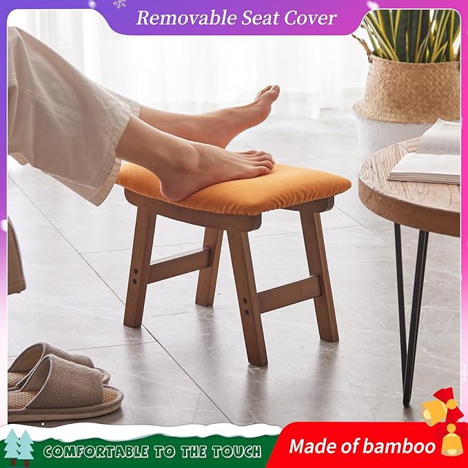 Foot Stool,Ottoman,Bamboo Small Sofa Foot Rest Under Desk,Extra Seating for Living Room, Bedroom and Kitchen(Brown Stool Legs - Orange Surface)