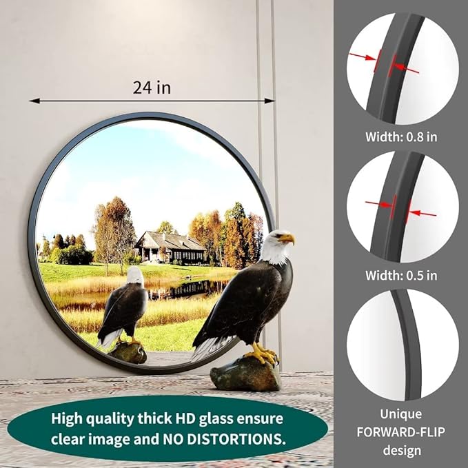 Growsun 24'' Black Round Mirror, Circle Wall Mirror for Bathroom Vanity, Entryway Living Room with Metal Frame for Home Decor, 2 Pack