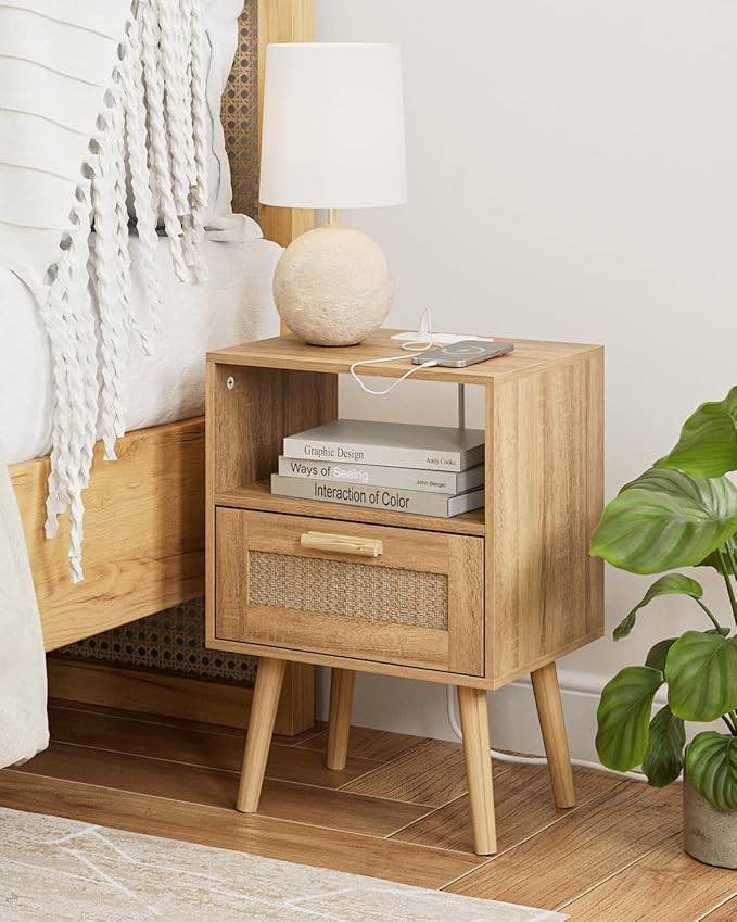 Rattan Nightstand with Charging Station, Small Night Stand, Side Table with Drawer Open Shelf, Cane Accent Bedside End Table with Wood Legs, Modern Nightstand for Bedroom, Oak (Modern)