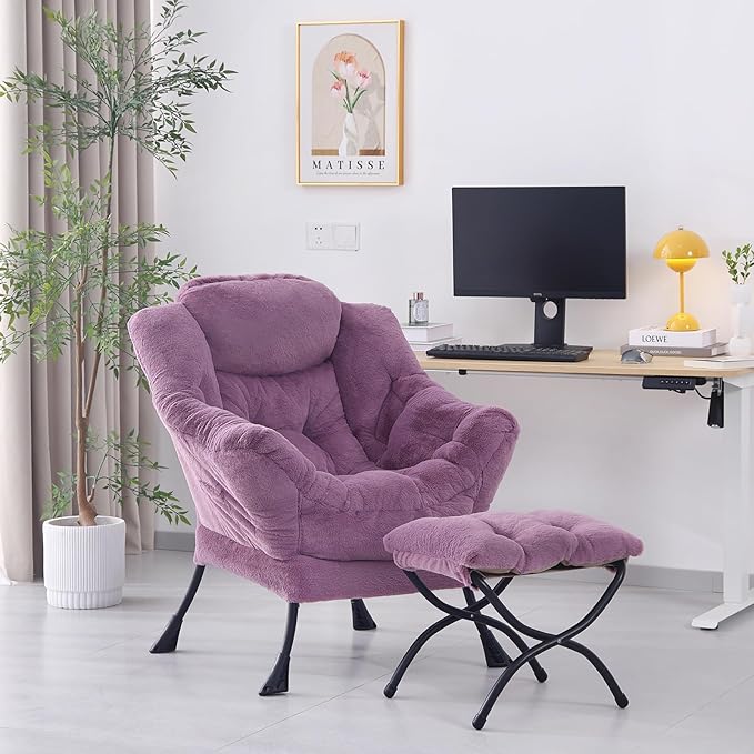 Lazy Chair with Ottoman, Modern Accent Chair Contemporary Lounge Leisure Sofa Chair with Armrests, Reading Chair and Folding Footstool Set for Living Room, Bedroom, Office