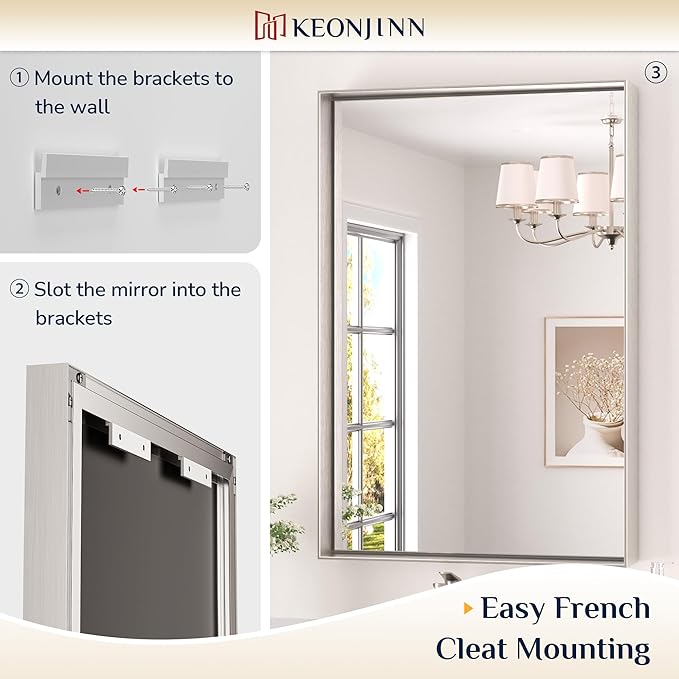 Keonjinn 48 x 30 in Brushed Nickel Bathroom Vanity Mirror, Rectangular Silver Metal Framed Wall-Mounted Mirror Square Corner Modern Farmhouse Rectangle Mirror for Over Sink(Horizontal/Vertical)