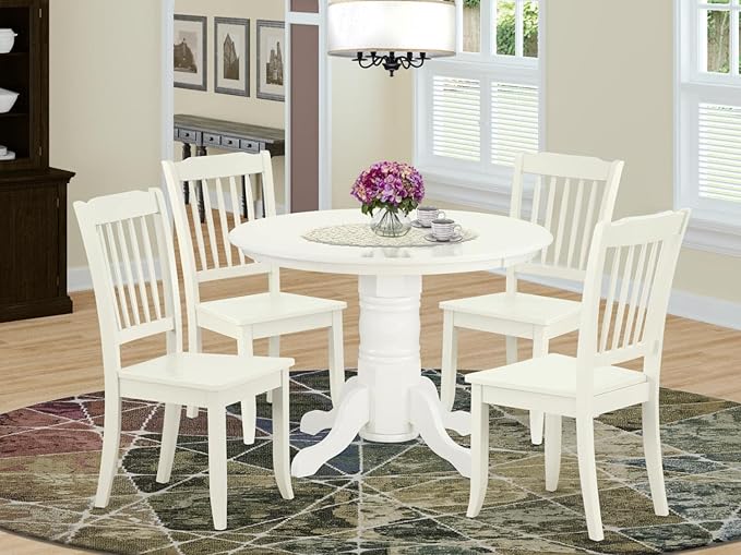 East West Furniture SHDA5-LWH-W 5 Piece Dining Room Table Set Includes a Round Kitchen Table with Pedestal and 4 Dining Chairs, 42x42 Inch, Linen White