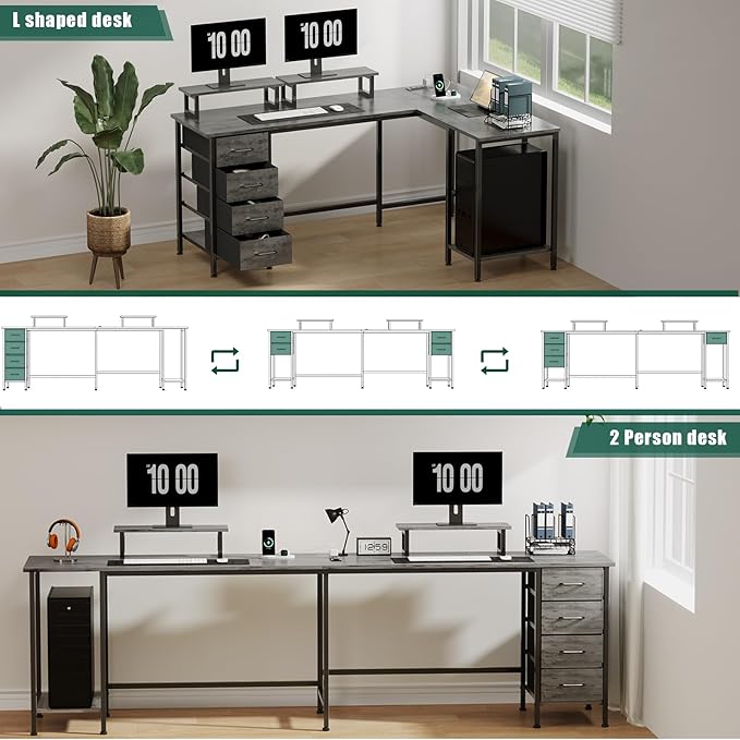 59 inch L Shaped Computer Desk with Power Outlets, Home Office Desk with 4 Adjustable Storage Drawers & 2 Monitor Stands, Two Person Gaming Table for Bedroom, Grey