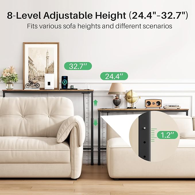 Kitstorack 2-Pack Narrow Console Table with Adjustable Height (25"-33") & 2 Power Outlets, Skinny Behind Couch Table, 79" Long x 5.9" Wide Sofa Side Table for Living Room, Rustic Brown