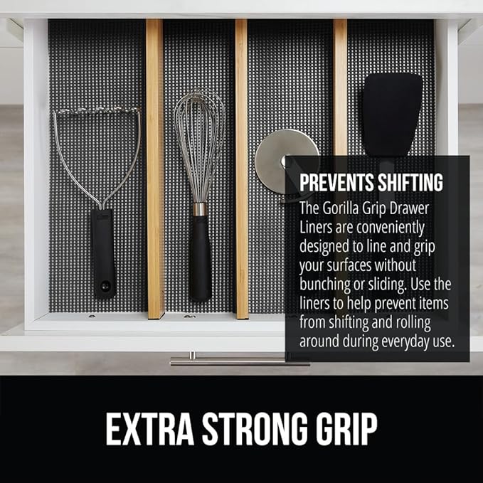 GORILLA GRIP powerGRIP Drawer Shelf and Cabinet Liner, Thick Strong Hold, Non-Adhesive Liners Protect Kitchen Cabinets and Cupboard, Bathroom Drawers, Easy Install, Breathable Mat, 20" x30', Charcoal