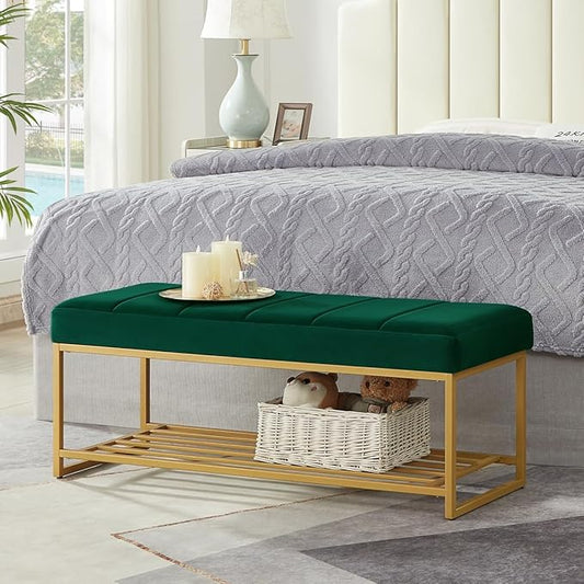 24KF Jade Velvet Upholstered End of Bed Bench with Metal Shelf, Modern Tufted Channel Entryway Bench Footboard Bench for Living Room, Bedroom, Gold Bench,5036-Jade