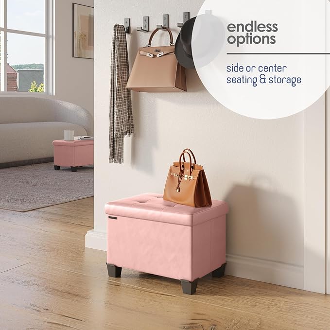 STORAGEBUD Storage Ottoman Cube with Small Bin, 16-in Square Ottoman with Storage for Living Room and Bedroom, Small Ottomans Foot Rest, Faux Leather Foot Stools Ottomans Max 330lbs, Pink