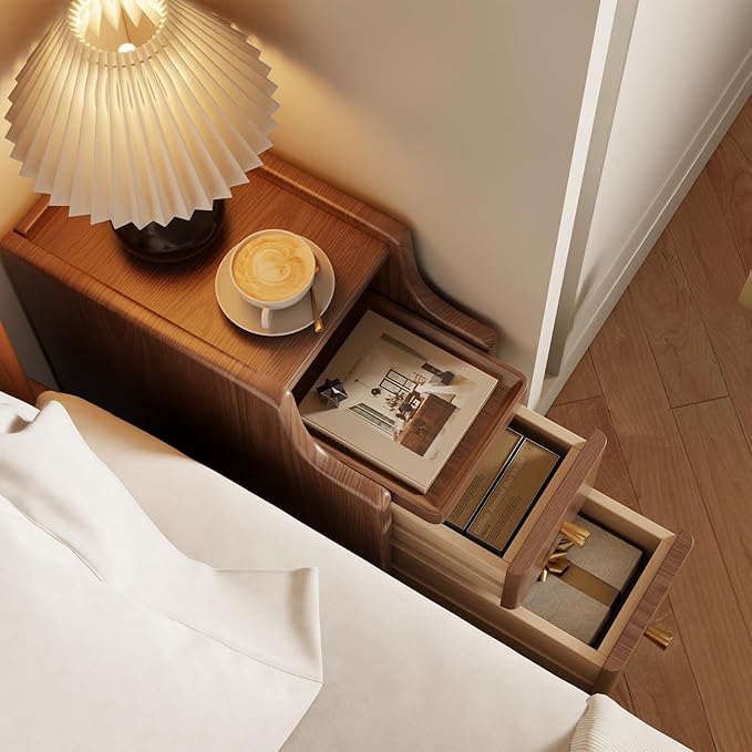 Small Nightstand with Drawers, Solid Wood Bedside Table, Narrow Walnut Nightstand for Bedroom