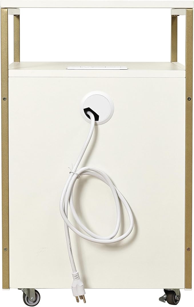 Modern 2-Drawer Rolling File Cabinet with Lock, 2 USB Ports and Power Outlet for Device Charging, Portable File Organizer or Printer Stand for Office or Home with Locking Wheels, White & Gold