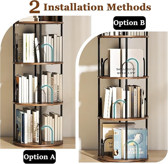 5-Tier Rotating Bookshelf, 360° Round Spinning Book Shelf Tower, Tall Skinny Wood & Metal Bookshelf for Corner/Office/Home, Modern Industrial Vintage Style
